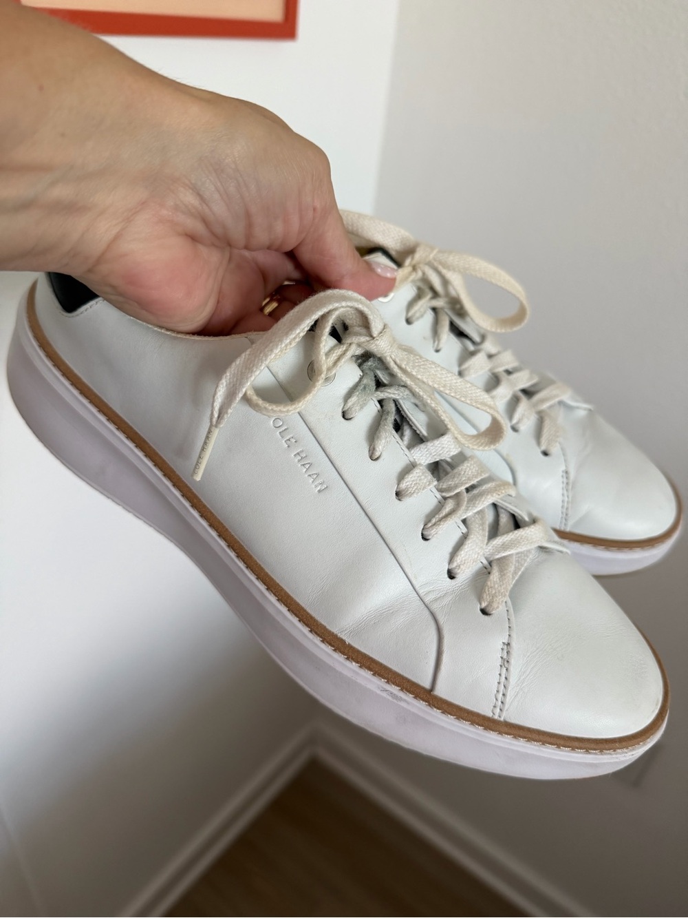 Cole Haan White Leather Low-Top Sneakers with Tan Trim
